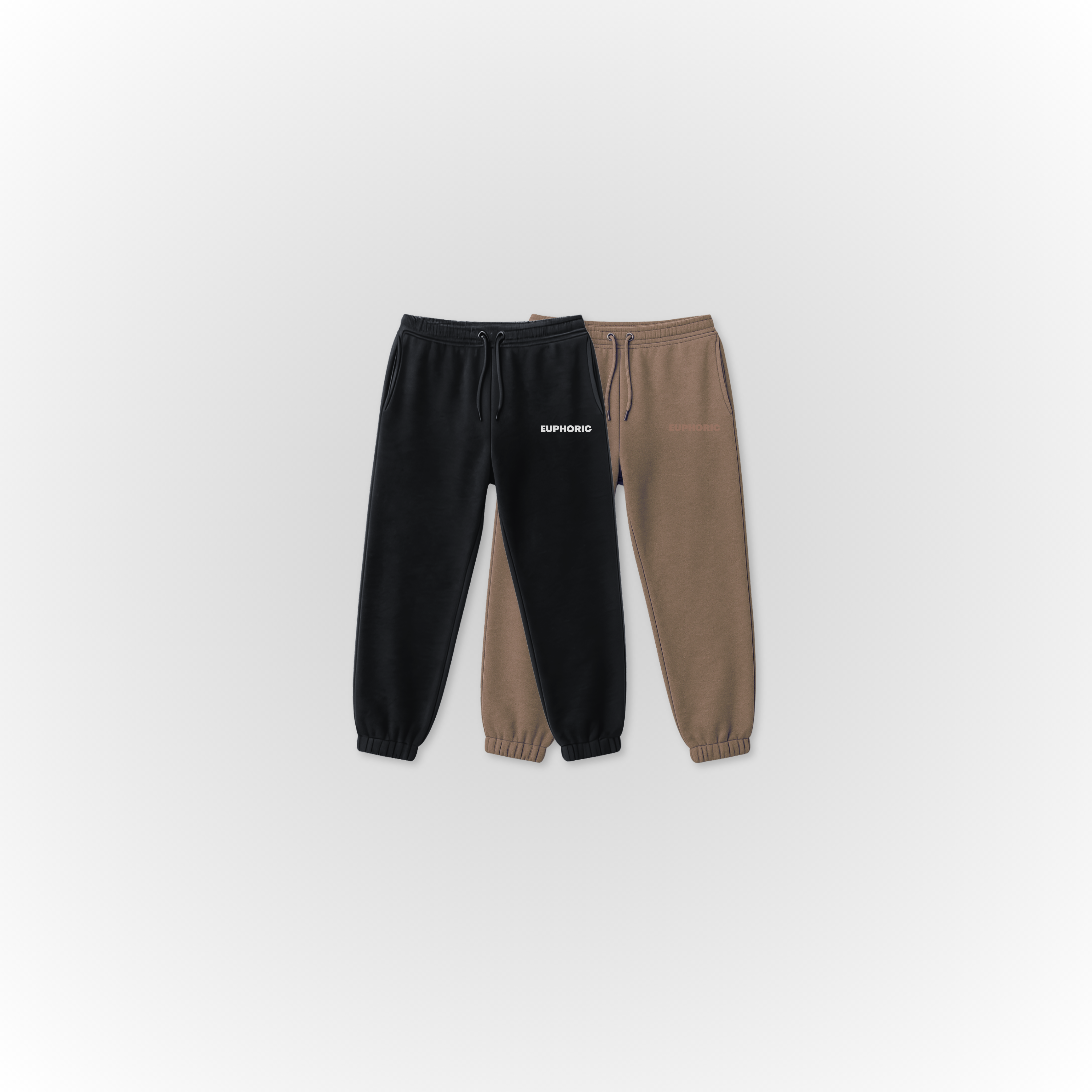 Euphoric Black and Mocha Sweatpants with a clean grey background