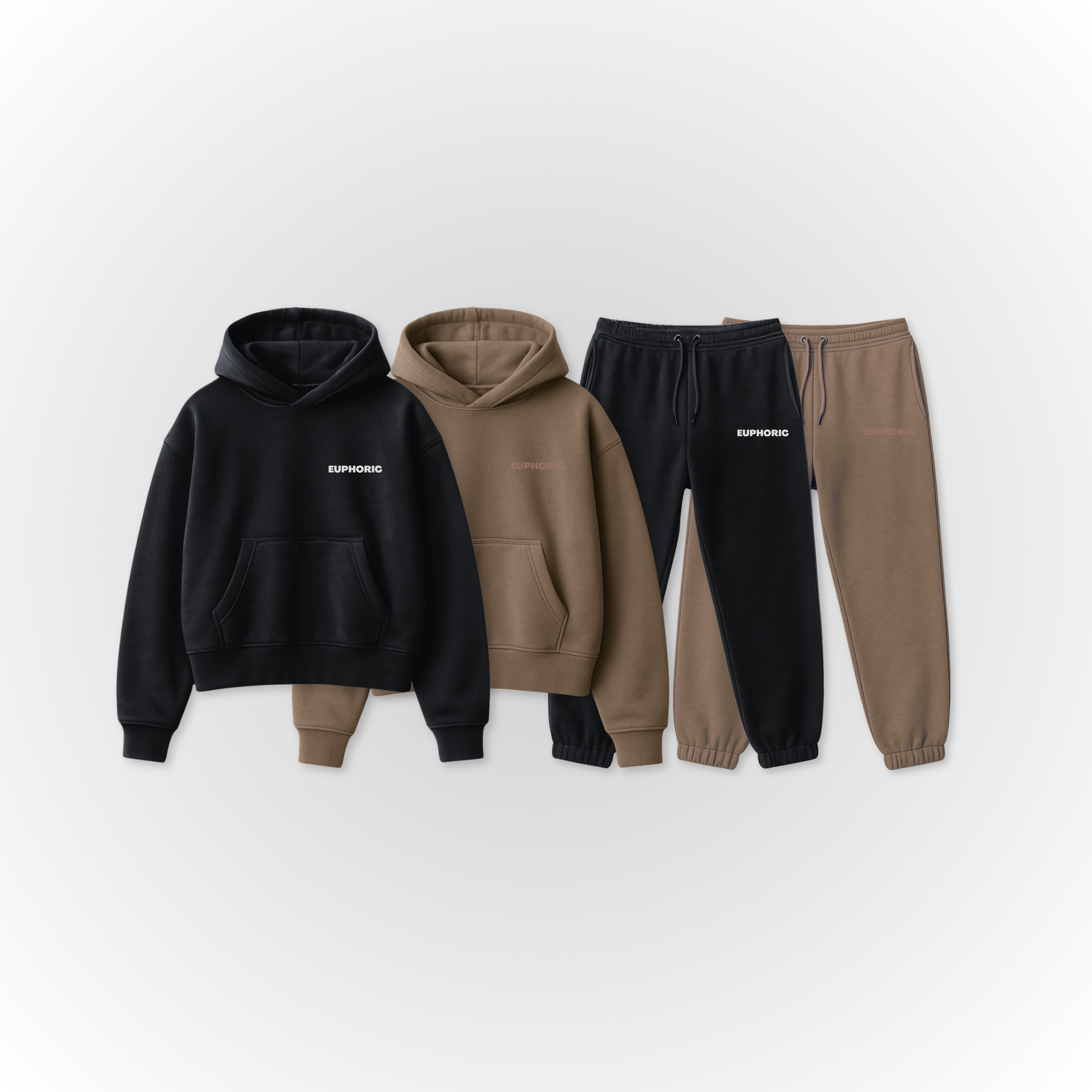 Euphoric Black and Mocha Tracksuit Set with a clean grey background