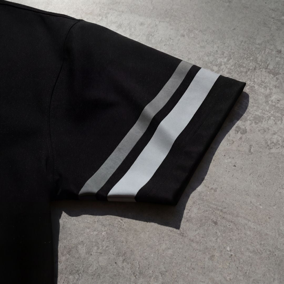euphoric black relaxed button shirt showcasing stripe details on sleeve