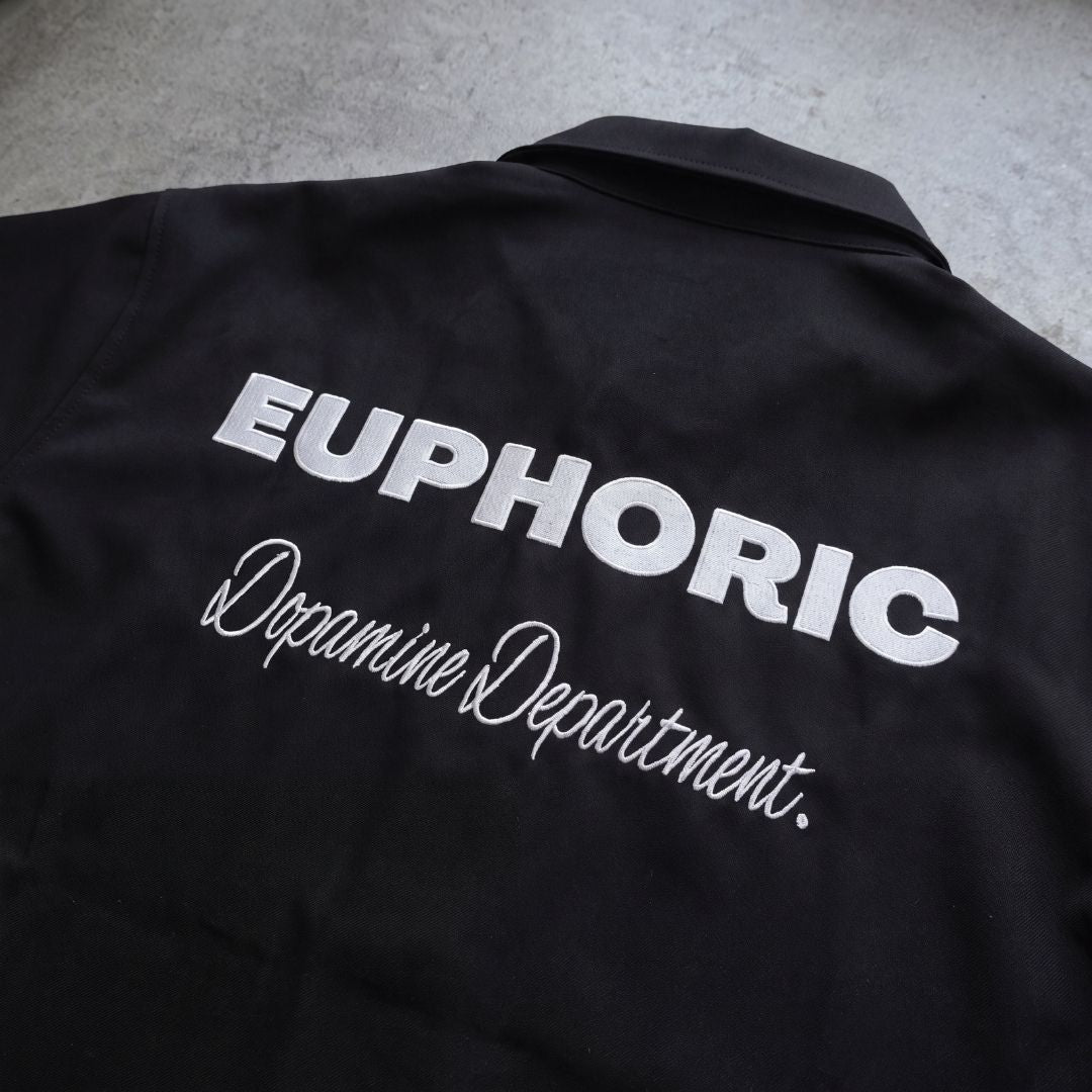 euphoric black button shirt, showcasing back logo