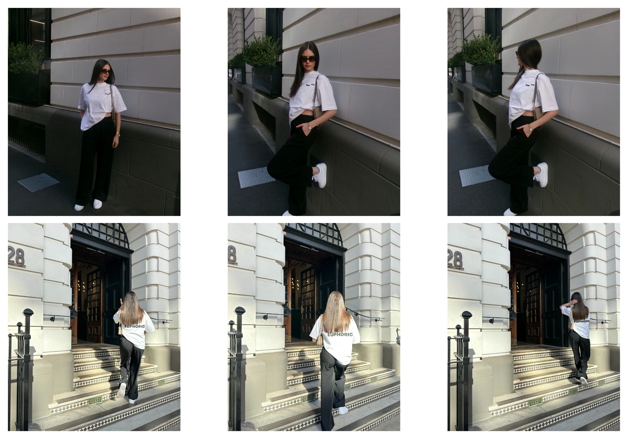Collage of a person in a euphoric white shirt and black pants walking outside a building.