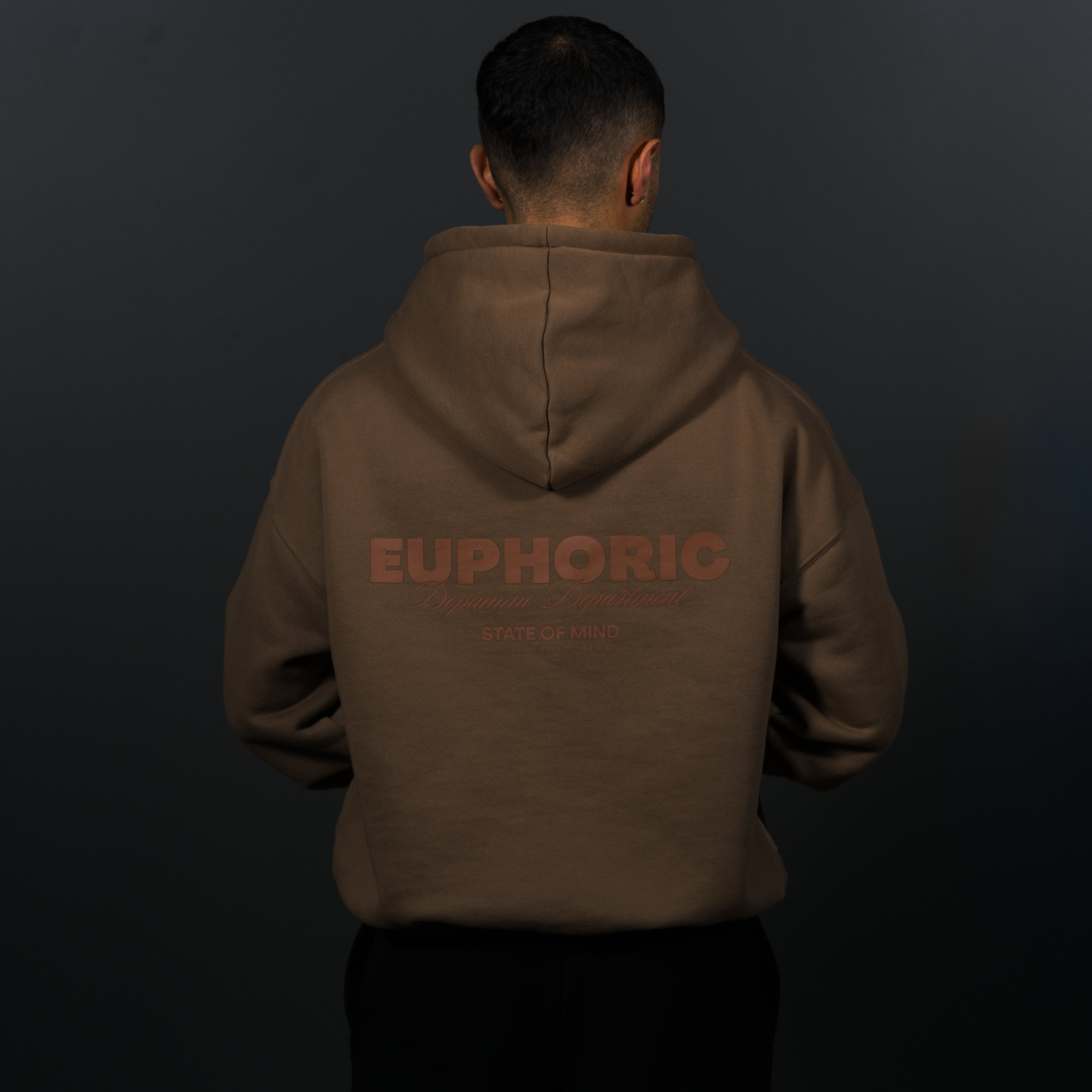 A man viewed from behind wearing a brown hoodie with 'EUPHORIC' printed in a matching dark brown tone across the back, set against a dark studio background.