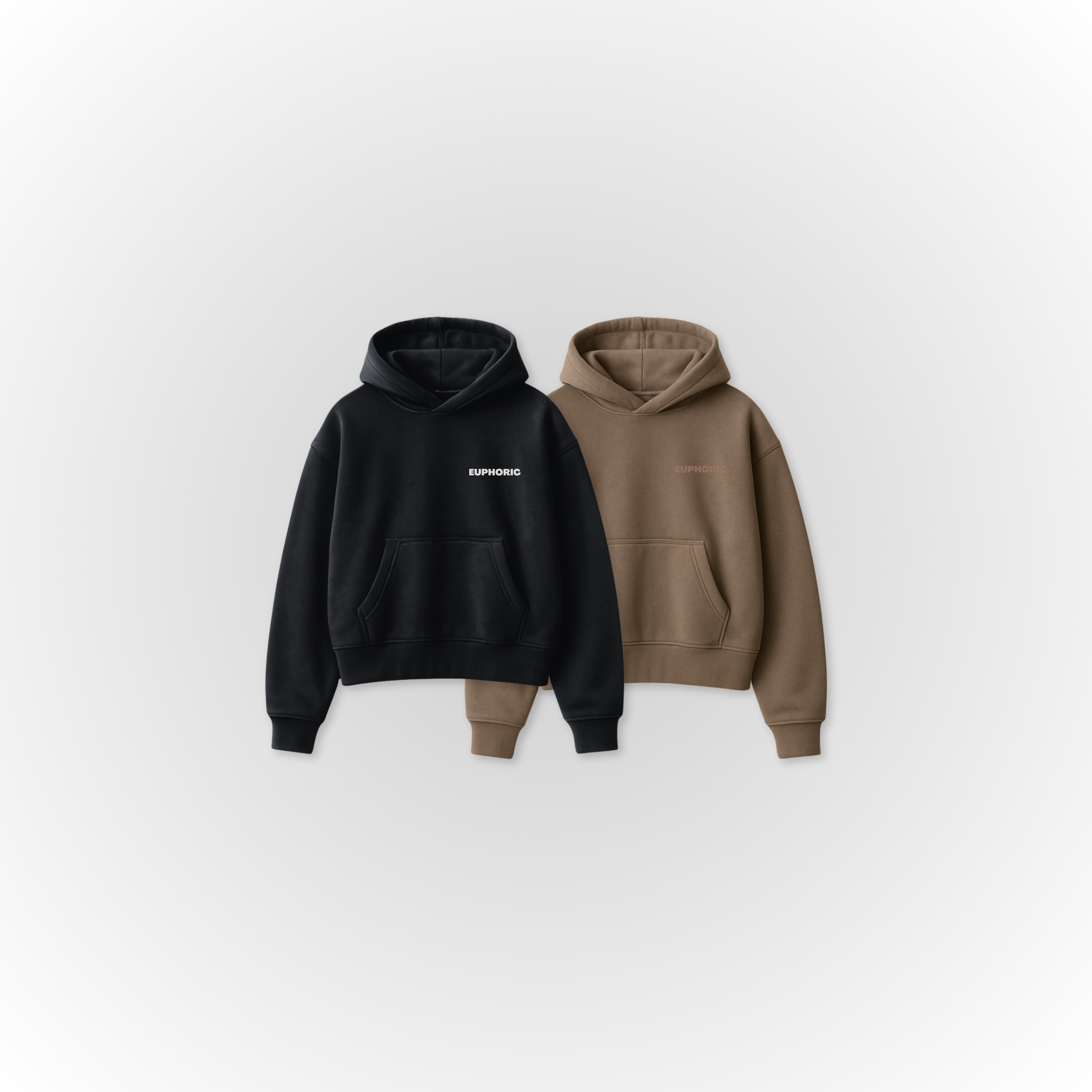 Euphoric Black and Mocha Hoodie with a clean grey background